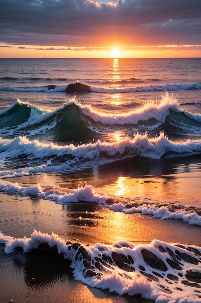 Vivid sunrise over the calm sea, Contrast between bright sky and deep blue sea illuminated by the golden light of the sun