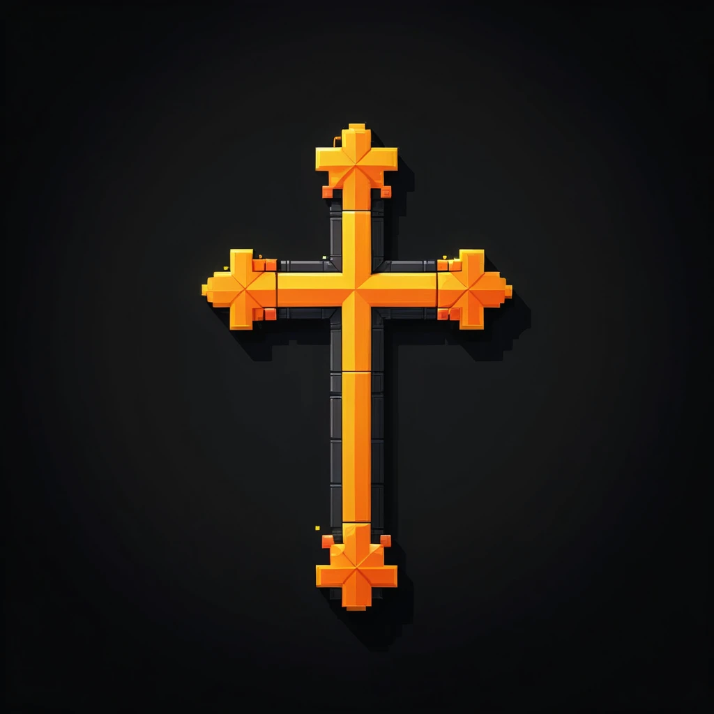 pixel art, cartoon illustration, simple cross, yellow and orange colors, simple black background, game icon