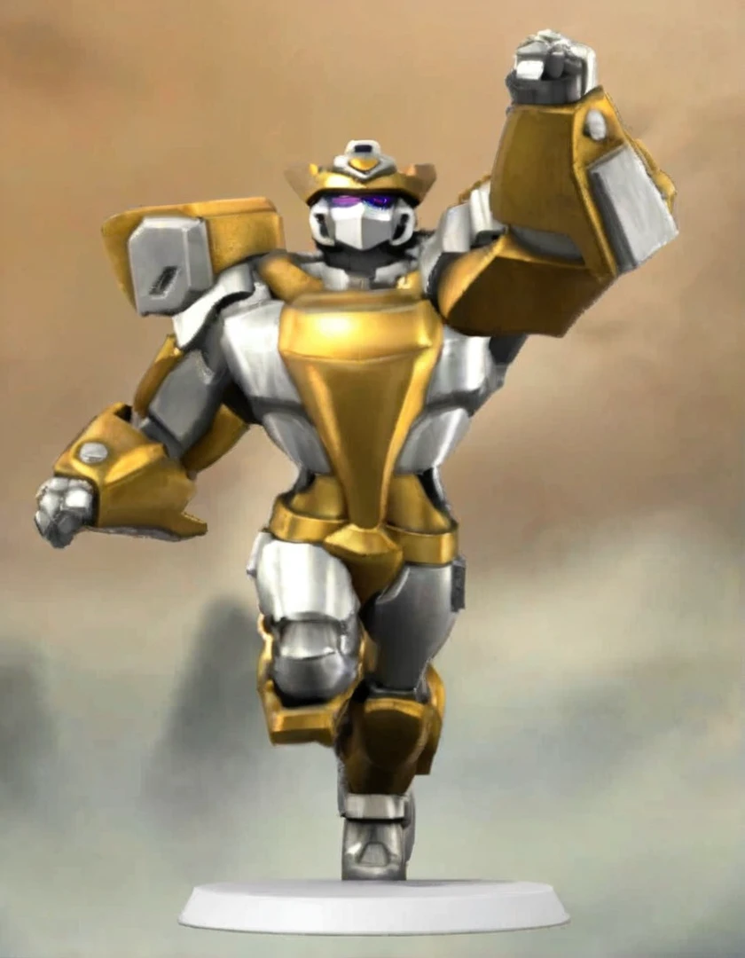 a gold and white robot, realisitic, high qualiy, he is in a heroic stance with one arm raised