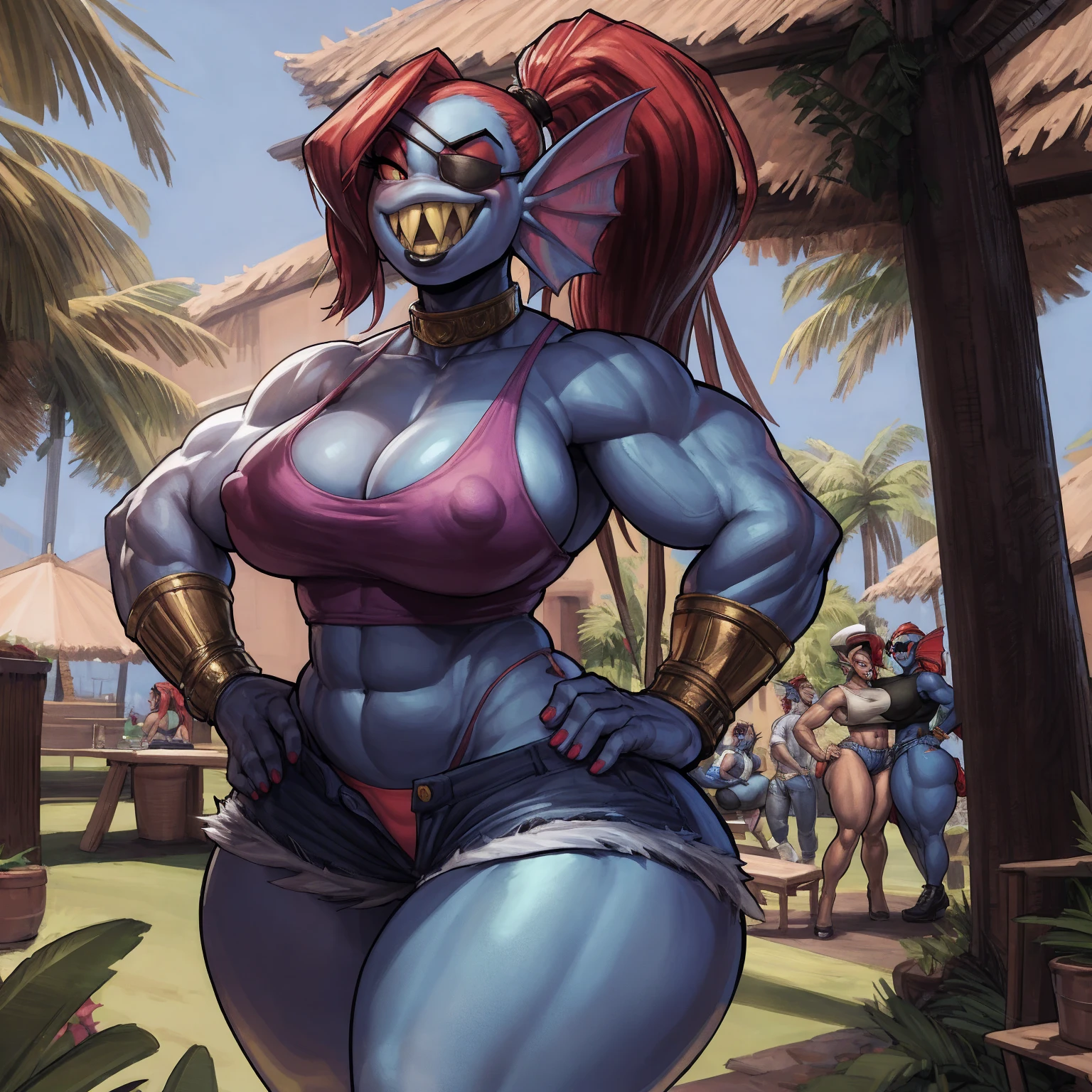 by darkgem, by duase, by boosterpang, by kevinsano, by zaush, solo, 1girl, undyne, blue skin, red hair, huge teeth, yellow teeth, laughing, black eye patch, female, older woman, smooth body, muscular, buff, amazon, bodybuilder, broad shoulders, wide body, wide hips, thick thighs, big arms, heavy breasts, nipple outline, highly detailed eye, milf, tank top, (bare midriff:1.3), cleavage, large areolae, denim cutoffs, visible thong straps, Masterpiece, best quality, absurd res, highly detailed, cleanly drawn eyes, park environment, standing upright, big bottom lip, black lipstick, casual posture, hands on hips,