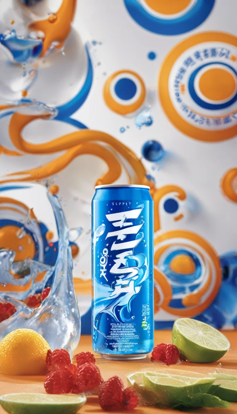 Salangan sweat Pocari, an ion supply drink, was suspended in the middle of a splash of water with a lively blue background. The can is in the grasp of young people, surrounded by women with large breasts accompanied by dynamic water splashes and ice cubes, expressing a refreshing sense of coolness. The can itself is dominated by blue with the spelling of the 'OBAT KUAT' white text and additional labeling that shows it as an ion supply drink. HD