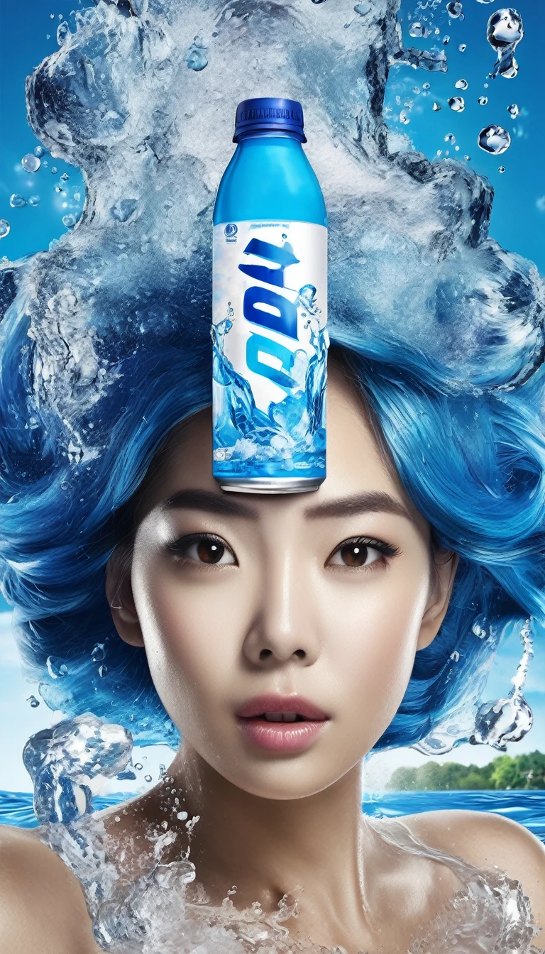 Salangan sweat Pocari, an ion supply drink, was suspended in the middle of a splash of water with a lively blue background. The can is in the grasp of young people, surrounded by women with large accompanied by dynamic water splashes and ice cubes, expressing a refreshing sense of coolness. The can itself is dominatblue with the spelling of the 'OBAT KUAT' white text and additional labeling that shows it as an ion supply drink. HD