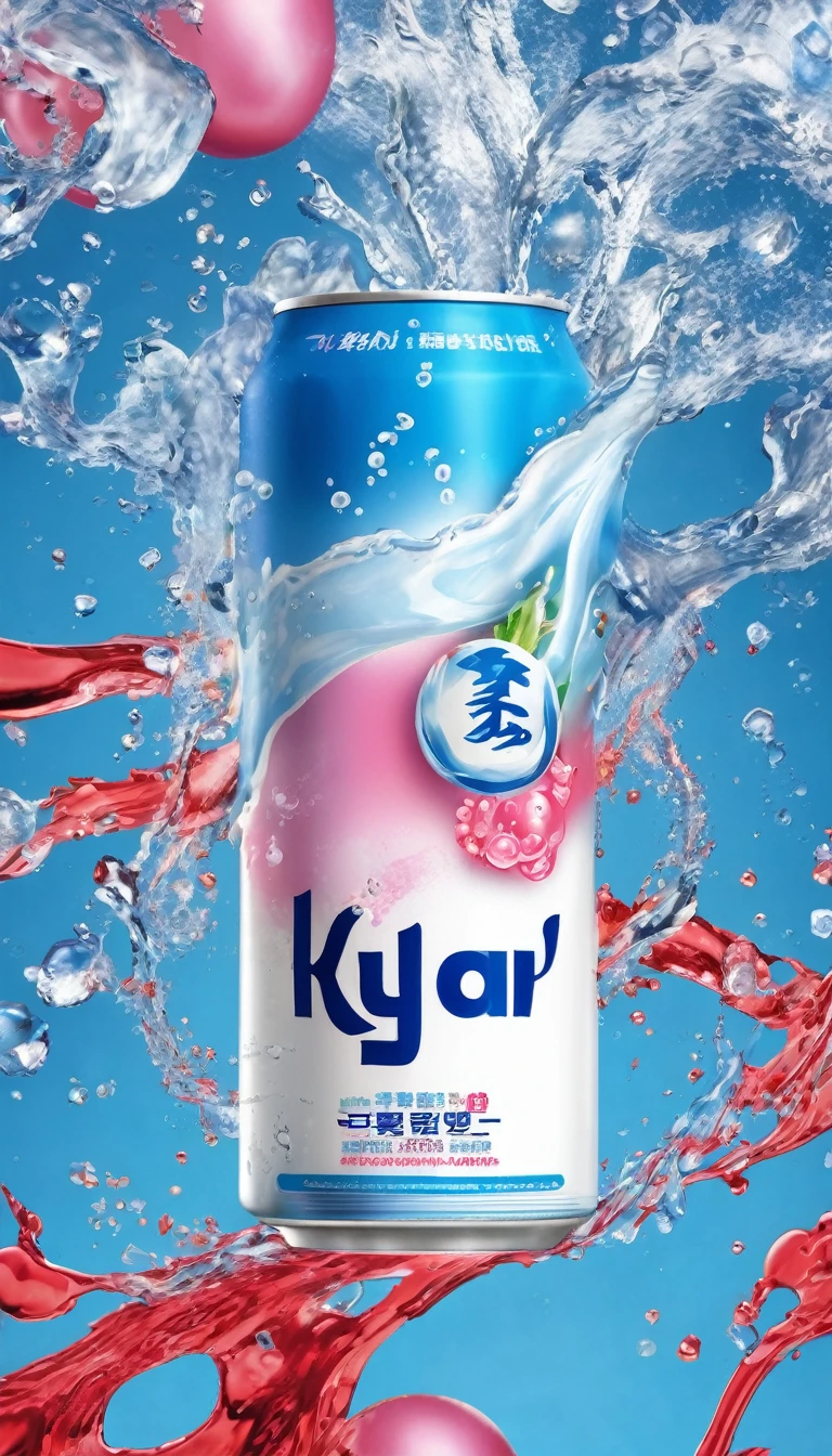 Salangan sweat Pocari, an ion supply drink, was suspended in the middle of a splash of water with a lively blue background. The can is in the grasp of young people, surrounded by women with large breasts accompanied by dynamic water splashes and ice cubes, expressing a refreshing sense of coolness. The can itself is dominated by blue with the spelling of the 'OBAT KUAT' white text and additional labeling that shows it as an ion supply drink. HD
