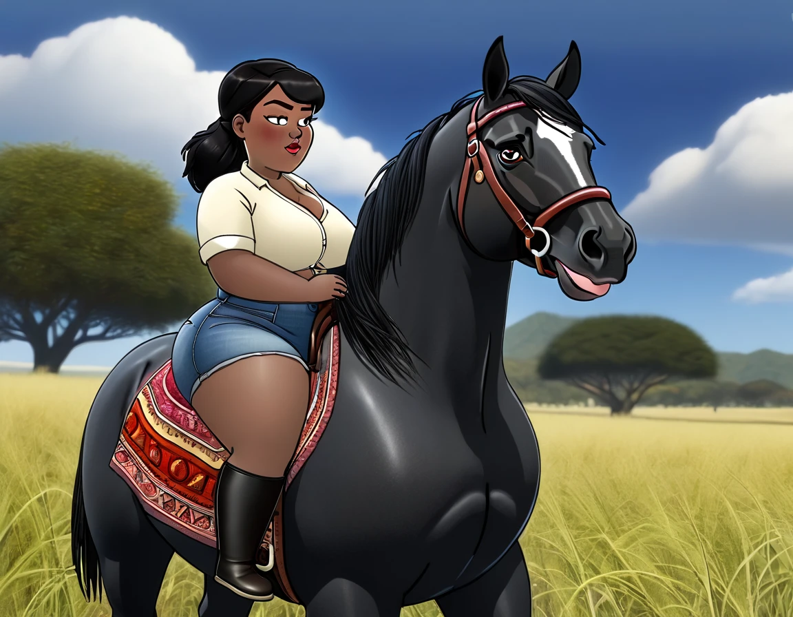 large African BBW woman (very full figured black skinned ) nude. complete side view. riding big Shire horse (stallion). fat bum. flat grass. cloudless blue sky., black hair, short ponytail, dilated pupils, smelling, open mouth, high detail, depth of field, UHD, masterpiece, anatomically correct, accurate, super detail, highres, 16k meadow. cloudless blue sky.