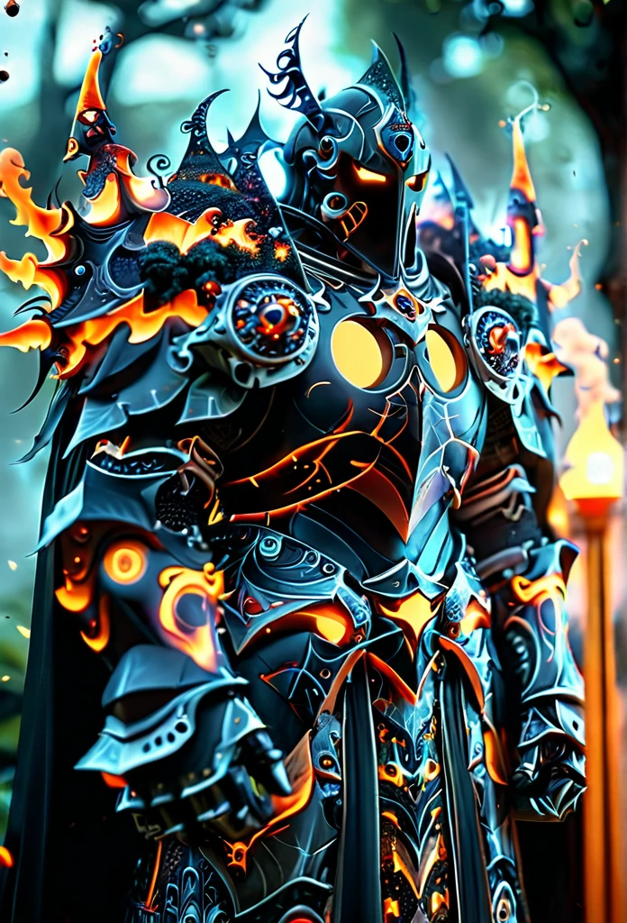 cinematic ,HKStyle, Soul Knight,fractal necromantic armor ,cape, armor infused with a robe,glowing eyes,smoke, nature inspired, disturbing, blurry background, depressing, masterpiece, HD,