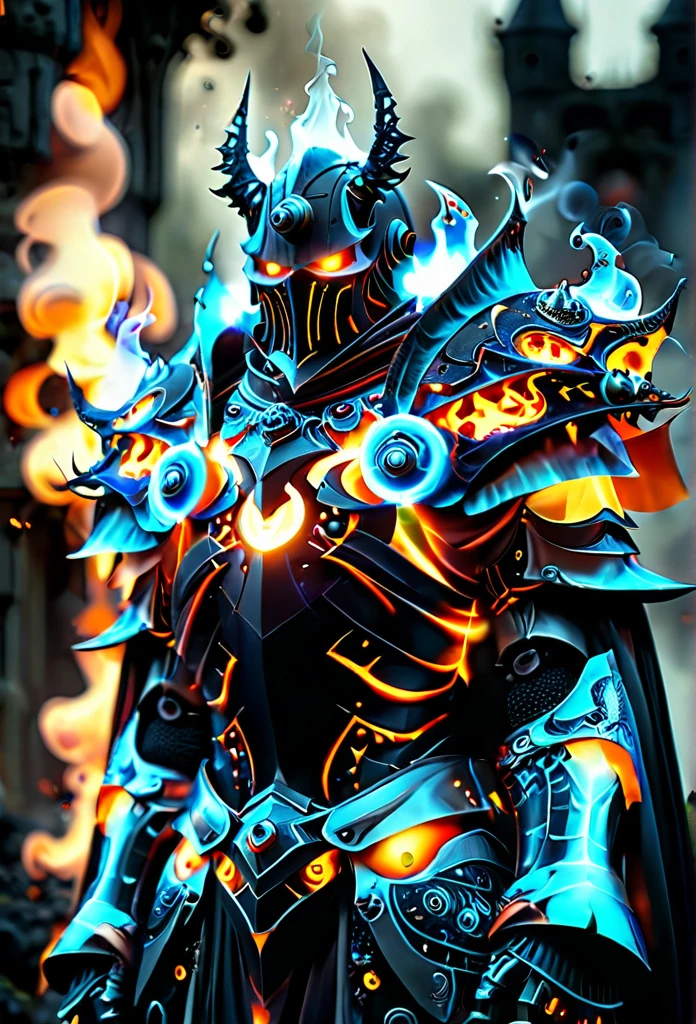 cinematic ,HKStyle, Soul Knight,fractal necromantic armor ,cape, armor infused with a robe,glowing eyes,smoke, nature inspired, disturbing, blurry background, depressing, masterpiece, HD,