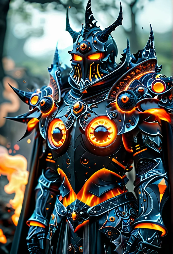cinematic ,HKStyle, Soul Knight,fractal necromantic armor  ,cape, armor infused with a robe,glowing eyes,smoke, nature inspired, disturbing, blurry background, depressing, masterpiece, HD, 