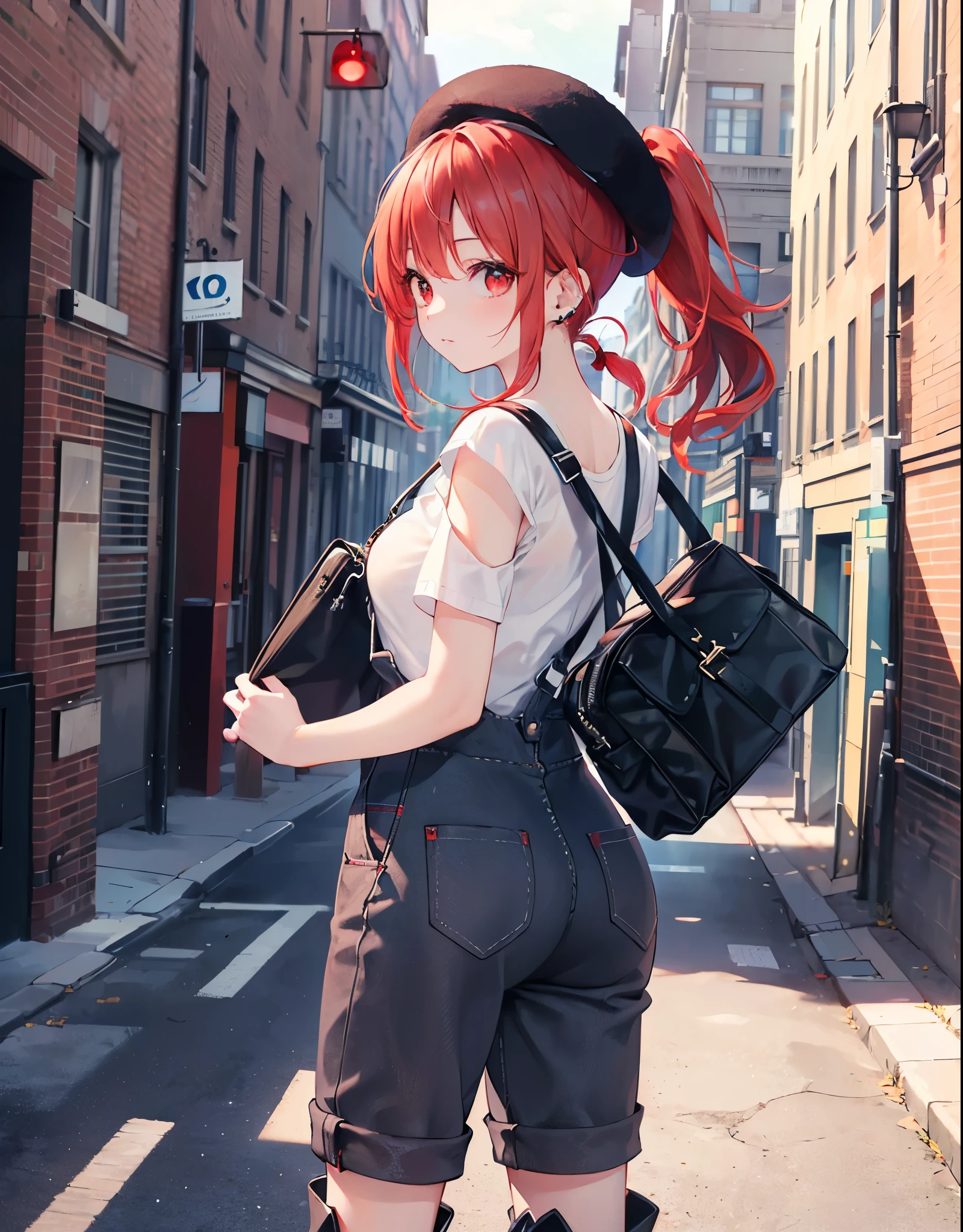 (Close-up:1.3),Realistic,Highest quality, Ultra Detail, High-quality CG rendering, The most delicate and beautiful, Floating softly, High resolution, (1 girl), (Highest quality,4K,8K,masterpiece:1.2),(All red hair:1.5), (ponytail:1.5),(Red eyes:1.5),(Slightly larger breasts:1.2), (Beige overalls:1.3),(Pure white inner T-shirt:1.3),(Black boots:1.3)、(Brown Beret:1.3)、Piercing in left ear,In the city,old buildings,(whole body:1.3),(Turn your back to your audience:1.3),Butt,Are standing,(Small shoulder bag:1.3)