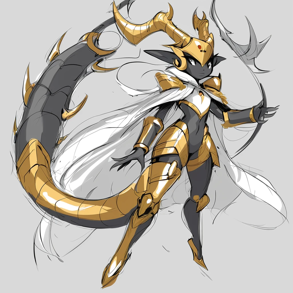 A Automaton monster girl with dark-gray skin and golden armor and helm with a large horn and the number 20 on it silver claws and white cape in sketch art style