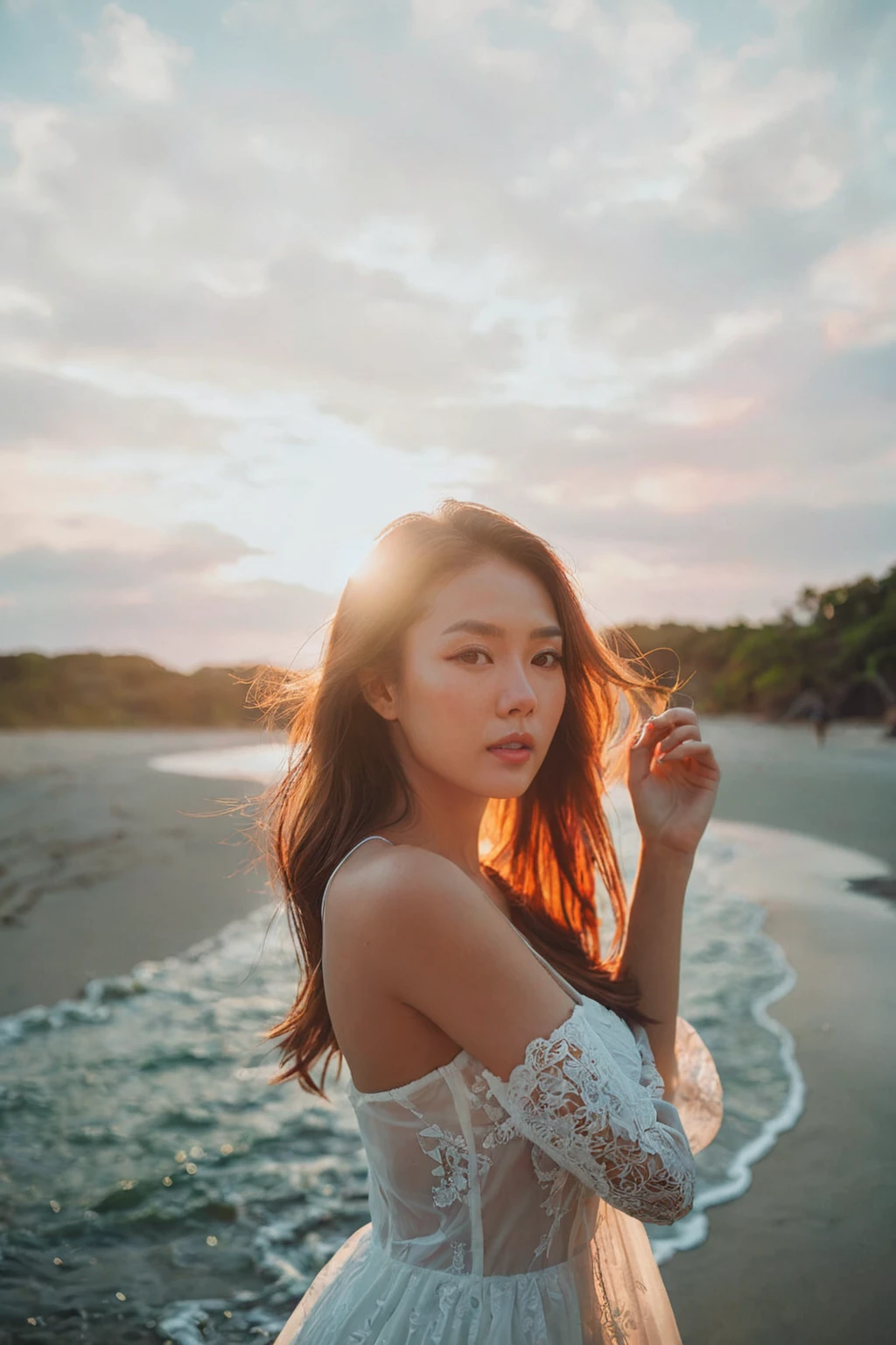A portrait of a MagMix Girl, big breast, white dress, beach, sunset, fiery sky,
