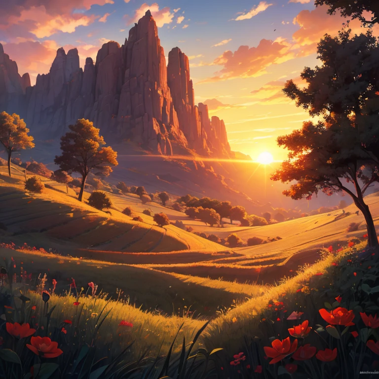 (best quality,8k,highres, masterpiece:1.2), (anime style),ultra-detailed, HDR, UHD, ultra-fine painting, sharp focus, physically-based rendering, extreme detailescription, professional, vivid colors, concept artists, warm color palette, dramatic lighting,Sunrise, terraced fields, birds perched on the surrounding trees, beautiful gradations of red, blue, pink, yellow, and white,(no humans),