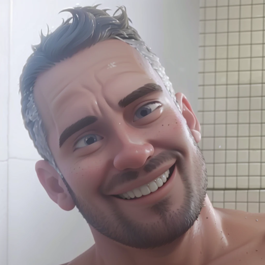man smiling, with half wet hair, in high quality