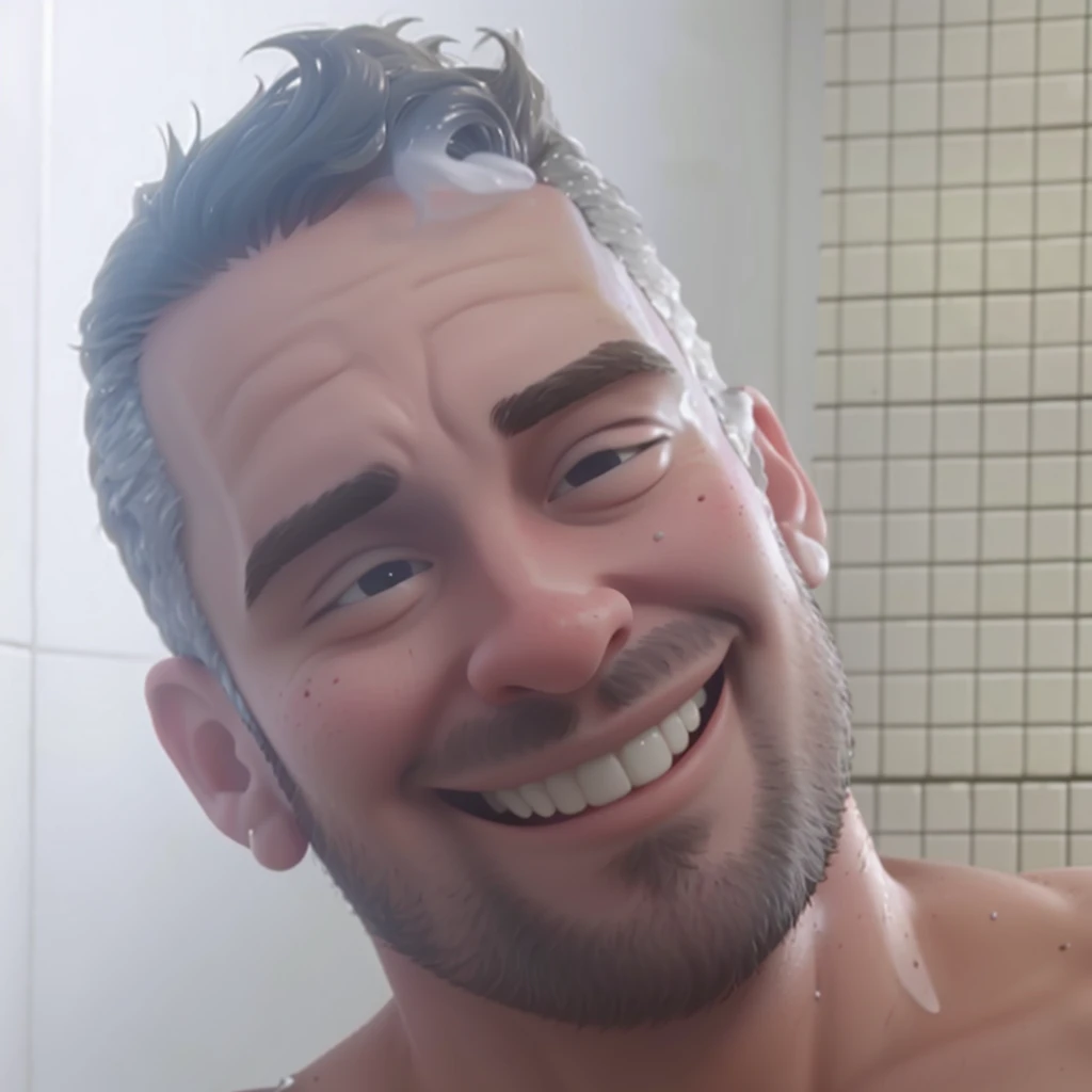 man smiling, with half wet hair, in high quality