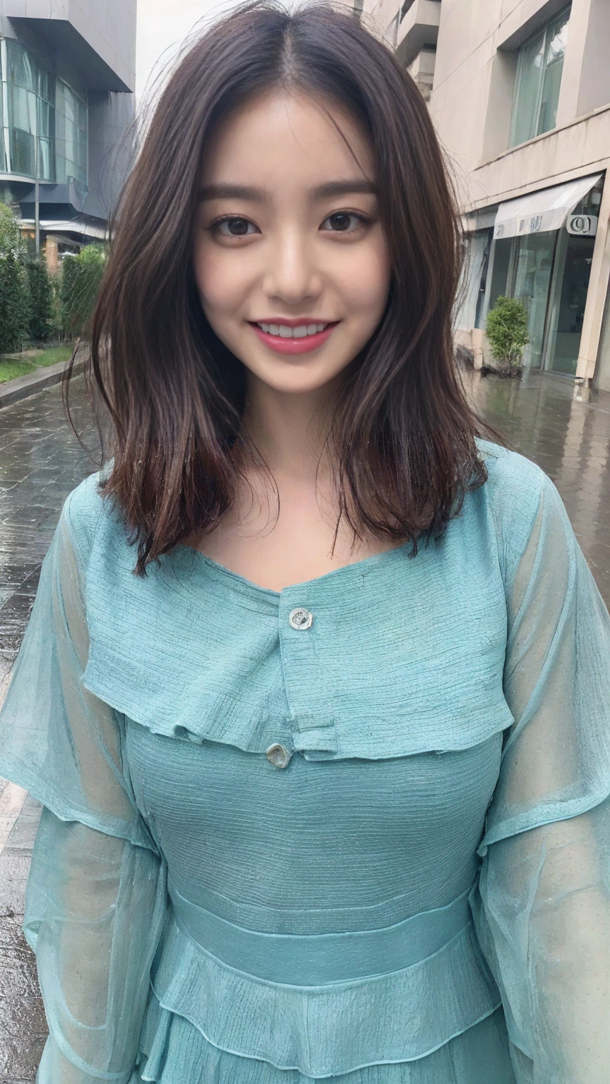 ((Highest quality, 8K, masterpiece:1.3)), concentrated: 1.2, Perfect Body Beauty: 1.4, Hips: 1.2, ((Layered Haircut, chest: 1.2)), (Wet clothes: 1.1), (rain, street:1.3), Bandeau dress: 1.1, Highly detailed face and skin texture, Beautiful Eyes, double eyelid, Whitening skin, Long Hair, (shut up: 1.3), smile