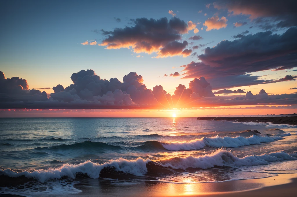 Vivid sunrise over the calm sea, Contrast between bright sky and deep blue sea illuminated by the golden light of the sun