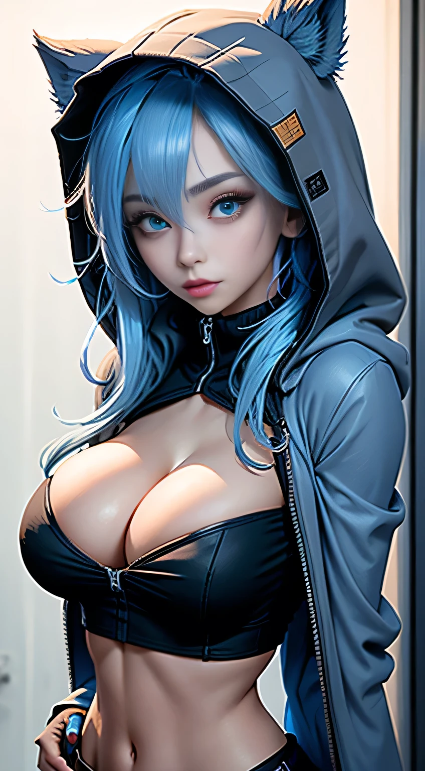 sfw, ((close up)), masterpiece, best quality, 1girl, solo, blush, (blue_hair:1.34), (messy_hair), (hair_over_one_eye), (light_blue_eyes:1.34), black cloak, animal_ear hoodie, hood up, corset, white_blouse, black_boot, shameful, shy, close mouth, wearing bra,((skinny waist)), young asian girl, ((big breasted)),