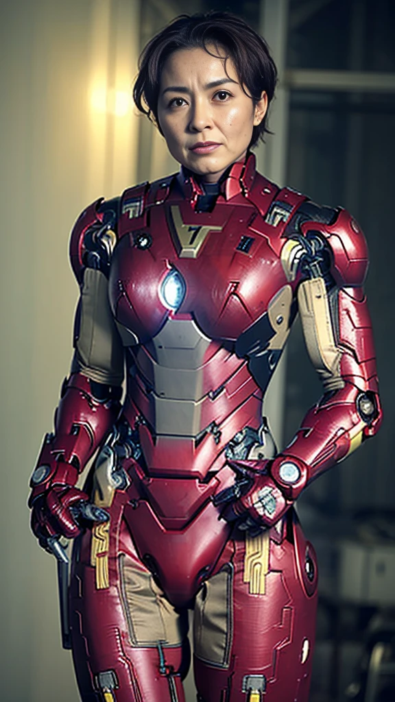 Middle-aged women Sweaty face Soaked Face Painful expression Steam coming from the head humidity Only the head is exposed ((Take off the Iron Man suit)) Steam from the body lifted up The lower half of the body is an Iron Man suit