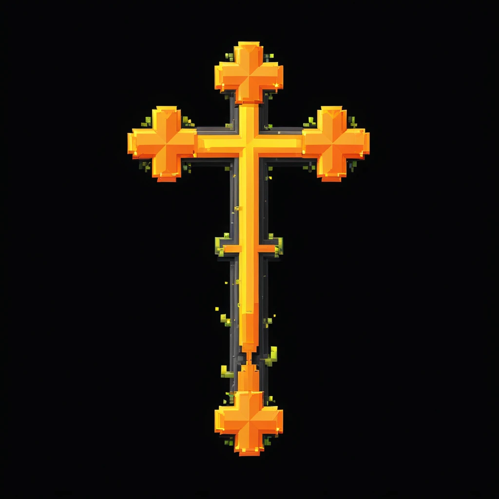 pixel art, cartoon illustration, cross, yellow and orange colors, simple black background, game icon