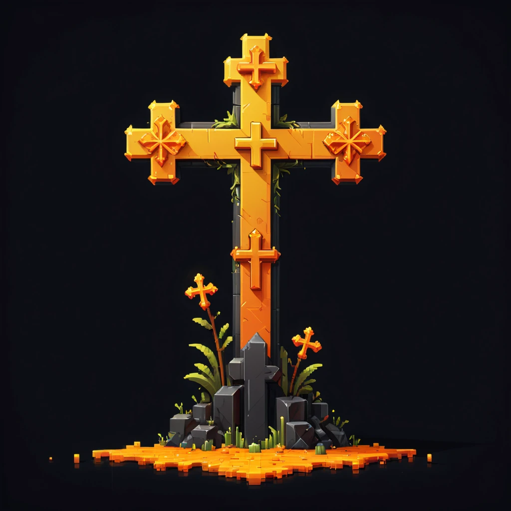 pixel art, cartoon illustration, cross, yellow and orange colors, simple black background, game icon