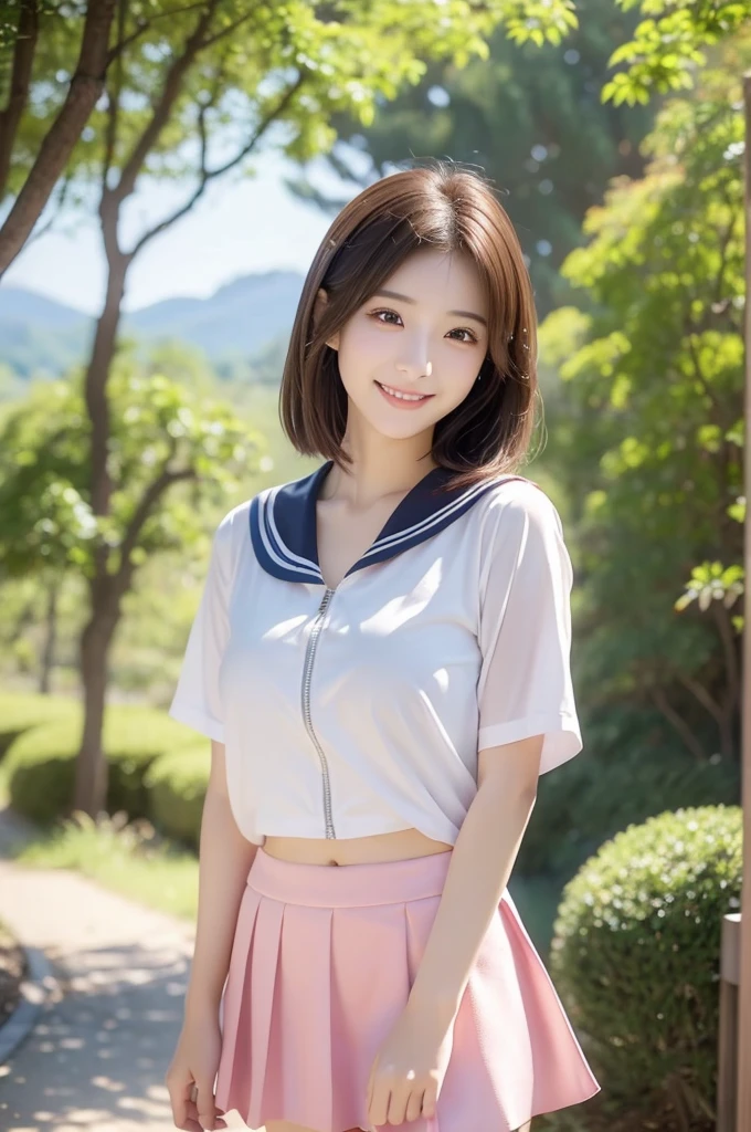 Image resolution 8K、masterpiece:1.3)、Beauty、1 female、(魅力的なbody:1.2)、abdomen:1.1、Dark Brown Hair:1.1、(body:1.2)、Ultra-detailed face、Attractive lips、double eyelid、Super realistic and detailed super cute in a white short sleeved zippered sailor suit and pink skirt、Japanese 、Japanese women、10th generation(18-year-old)、Smiling with a nice smile、Hair fluttering in the wind、Short Hairstyle、Beautiful breasts、Forest in the background、