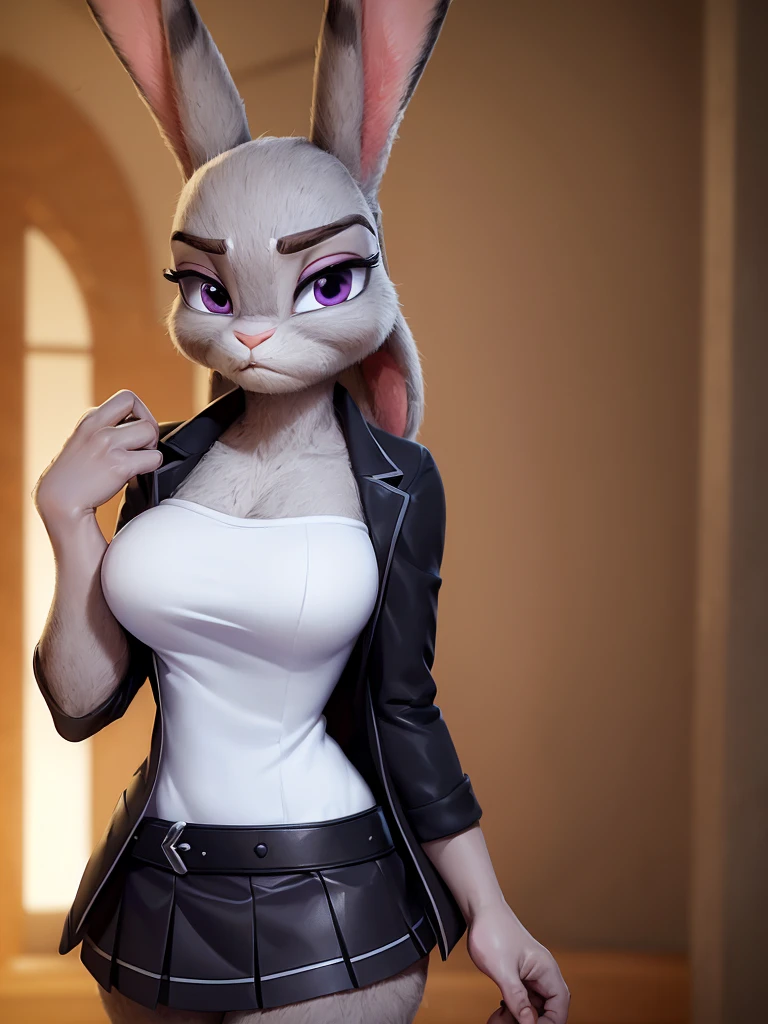 best quality,
masterpiece,
super detail,
3D,
Portrait,
(Face is JudyHopps:1.4),
((straight hair)),
(see-through bangs:1.3),
bright purple eyes,
(arched eyebrows:1.2),
(uplift eyebrows:1.1),
(rabbit ears:1.1),
Body covered with rabbit fur,
(body is gray with fluffy and fluffy:1.3),
(skin is wool fabric with fluffy and fluffy:1.3),
office lady is wearing suit,
beige tights,
((White blouse)),
((Black blazer)),
((Black skirt)),
clothes made of cotton,
(solo:1.5),
(1 lady:1.5),
one character only