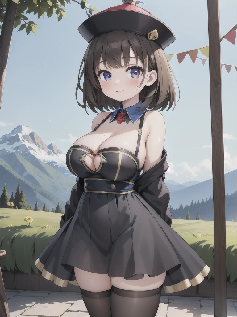 master-piece, bestquality, 1girls,, View viewers from front, HD, slight smile, big tits, cleavage, tights cloth, , tiny body, outdoor, mountain, arms forward, want to be hug,