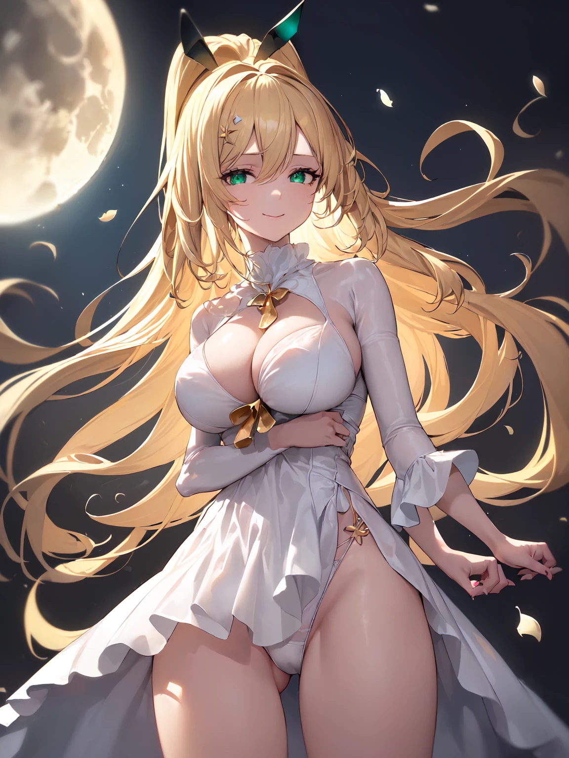 ((((Obra maestra, La mejor calidad, ultrahigh resolution)))), 1girl, standing,), ((long pure blonde hair, hair over eye)), long hair cut, shiny skin, ((green eyes)), glowing_eyes, neon eyes, (ultra detailed eyes:0.7, beautiful and detailed face, detailed eyes:0.9), ((centered)), smirk, facing viewer, ((vibrant background, dark lighting, summer, sunlight)), large chested, looking at viewer, ((half closed eyes)), ((perfect hands)), (((head:1, arms, hips in view, elbows, in view))), ((hands behind back)), empty eyes, beautiful lighting, ((outside, outdoors)), defined subject, head tilt, (((gritty)), ((creepy)), ((cool)), ((beautiful)), (((NSFW))), hair ornament, petals in the air, moon in the sky, city, mature woman, adult woman, dark gold night dress, night dress, she is a princess, smiling, fullbody, fullbody shot, she looks spicy, sexy dress, attractive woman, dynamite body, wide hips,