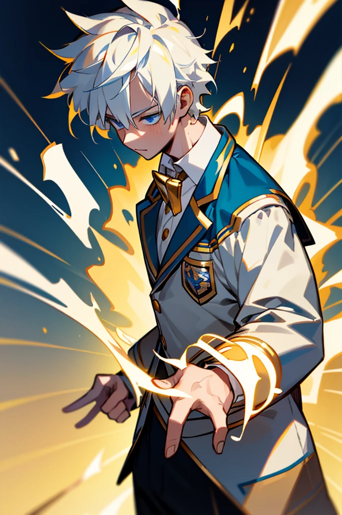 1.5, best quality, high quality, High definition, High quality texture, high detail, beautiful detailed, finely detailed, extremely detailed cg, detailed texture, 1man, boy, male, ((uniform, school)), white hair, creation powers, golden glow, blue eyes, aloof, cool, young, school sweater, UA uniform