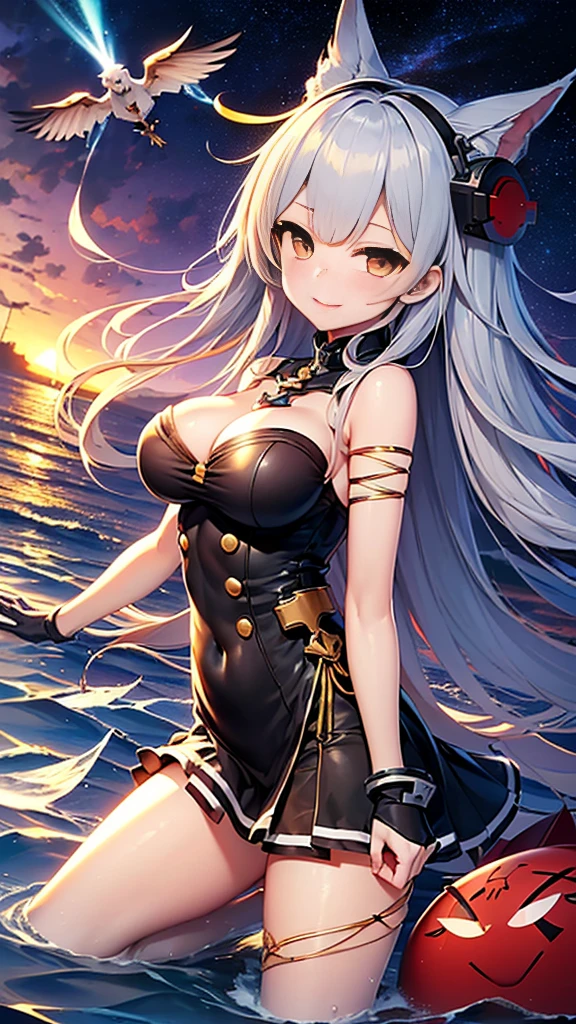 (((Azur Lane)))、(Siren)Background: jet black sea, battleship girl, girl, rubble of battleship, black and golden eyes, grey skin, evil smile、(((Black tightedium breast、(((Brat)))、(戦艦skylark擬人化)skylark