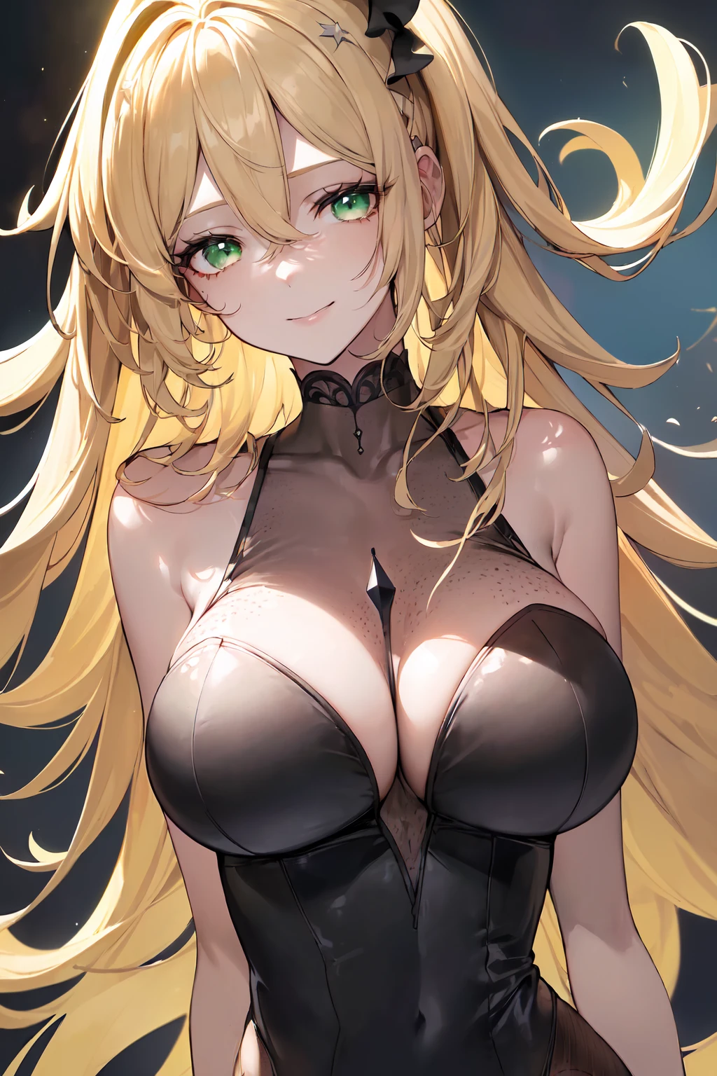 ((((Obra maestra, La mejor calidad, ultrahigh resolution)))), 1girl, standing,), ((long pure blonde hair, hair over eye)), long hair cut, shiny skin, ((green eyes)), glowing_eyes, neon eyes, (ultra detailed eyes:0.7, beautiful and detailed face, detailed eyes:0.9), ((centered)), smirk, facing viewer, ((vibrant background, dark lighting, summer, sunlight)), large chested, looking at viewer, ((half closed eyes)), ((perfect hands)), (((head:1, arms, hips in view, elbows, in view))), ((hands behind back)), empty eyes, beautiful lighting, ((outside, outdoors)), defined subject, head tilt, (((gritty)), ((creepy)), ((cool)), ((beautiful)), (((NSFW))), hair ornament, petals in the air, moon in the sky, city, mature woman, adult woman, dark gold night dress, night dress, she is a princess, smiling, fullbody, fullbody shot, she looks spicy, sexy dress, attractive woman, dynamite body, wide hips,