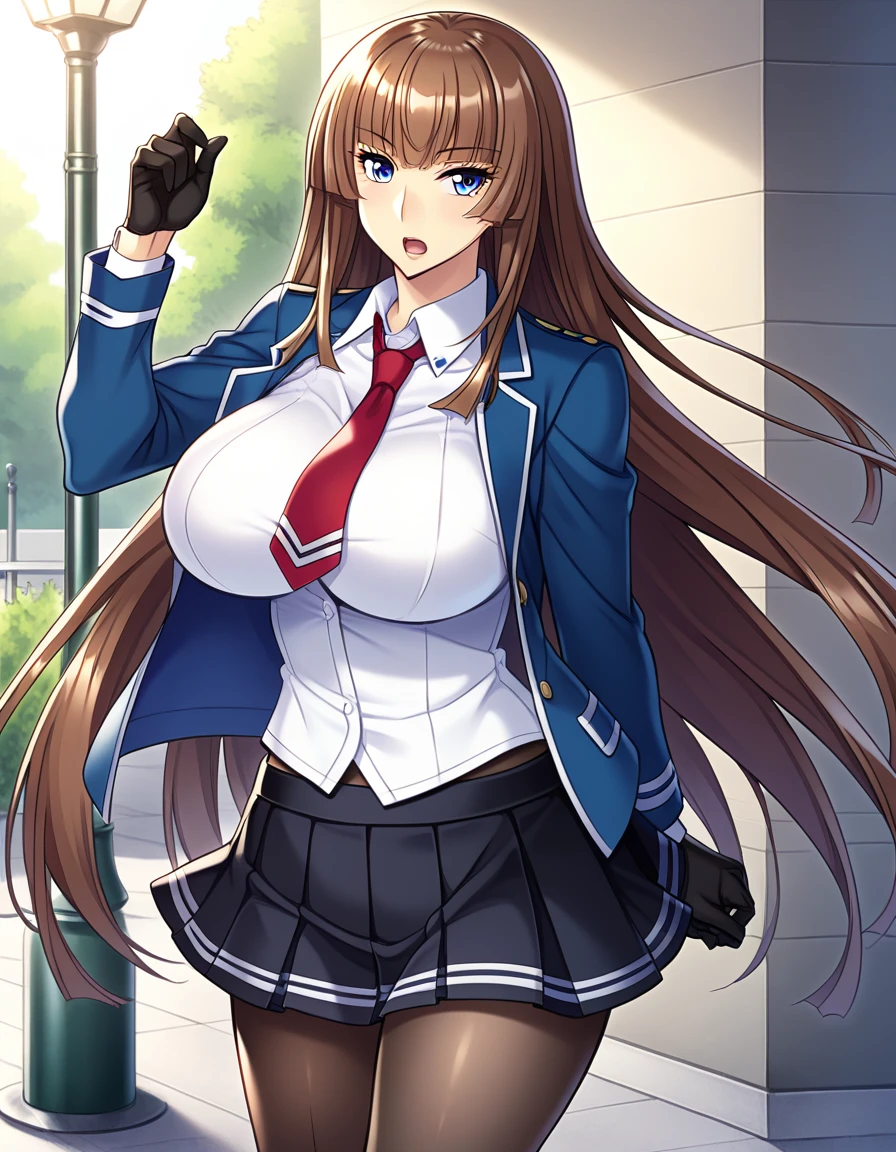 score_9, score_8_up, score_7_up, source_anime, game cg, beautiful detailed eyes, aoi_nagisa_\(metalder\), BREAK solo, 1girl, koukawa asuka, brown hair, long hair, blue eyes, bangs, side bangs, (huge breasts:0.8), medium body, BREAK school_uniform, underbust blue open jacket, white collared blouse, red long necktie, black gloves, black pleated skirt, black pantyhose, BREAK expressionless, open mouth, outside, street, cowboy shot,