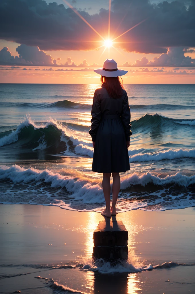 Vivid sunrise over the calm sea, a woman standing, alone, Contrast between bright sky and deep blue sea illuminated by the golden light of the sun