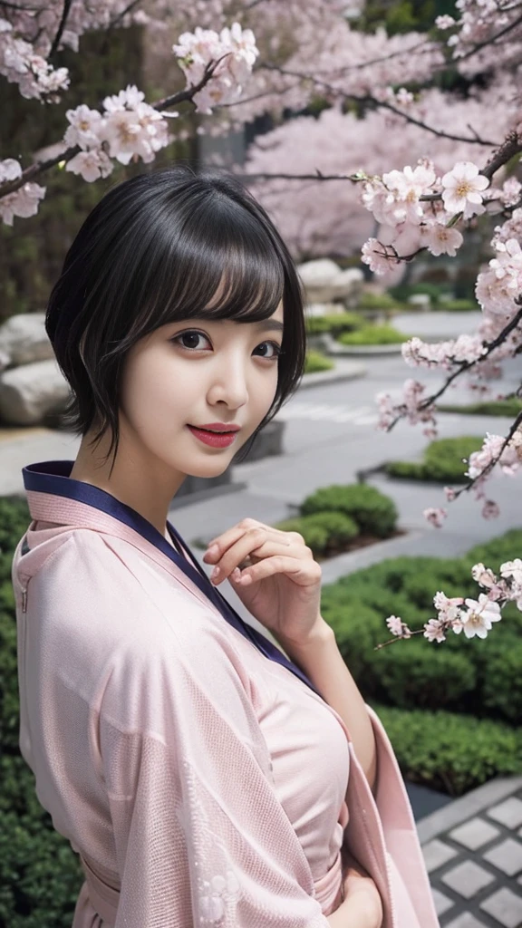 (Highest quality、、16K、masterpiece、Realistic、Ssuperiorer DetaileD、Beautiful in every detail、Ray Tracing)、photograph、
break beautiful asian girl、Looks like a Korean idol、25-year-old female model、Silver Hair、Pink mesh hair color、(Detailed face、The Golden Ratio of Beauty)、((smile))、Lip details、Beautiful Eyes、Short Bob Hair、Silver Hair、Ssuperiorer cute face with pink mesh hair anD coDDle style、Slim and beautiful body、Beautiful breasts、Shiny skin、
break、
Generate an image of a Japanese-style woman wearing a kimono.、that woman'The pose is graceful、The patterns and colors of the kimono must express traditional Japanese beauty..、Kimono that exposes less skin、
break 、(The background is a Japanese garden)、Tell me where you feel at peace.、
Cherry blossoms in full bloom on the branches in the foreground,:D,Looking_superior,(航空photograph:1.2),Available Light,