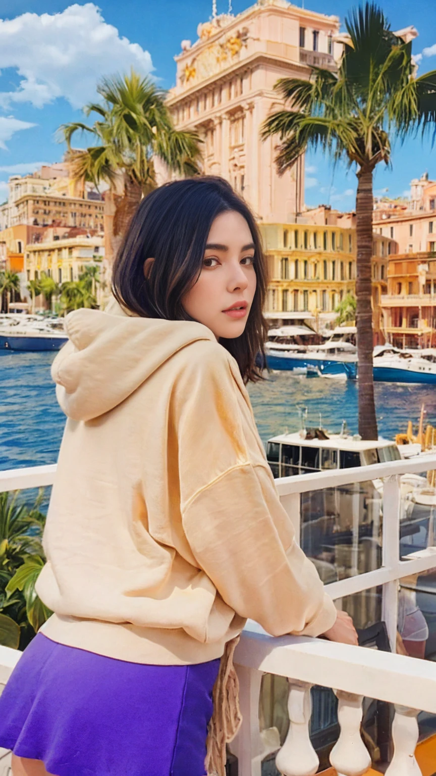 ((long shot photography)) ((best quality)), ((masterpiece)), (detailed),upper body,close-up, 8k, RAW photo,1 girl,real polaroid photo, beautiful, ultra-realistic,detail face ,light leak,dark intens shadow ,(black pixie hairstyles), almond eye, no makeup, (((blank orange oversized_hoodie))), (purple color tenis skirt),the scene takes in front on a balcony overlooking the luxurious harbor of Monte Carlo with yachts docked against a backdrop of the iconic Casino de Monte-Carlo, (very detailed:1.1),(from below:1.2), (realistic:1.1), (surreal:1.2),palm trees,sunny,summer, blue sky