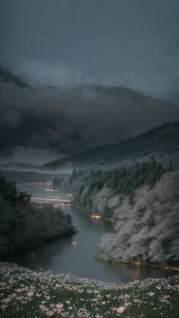masterpiece of materpieces, PHOTOREALITIC, DENSE MIST. Smokey skies cast eerie light in the Anthropocene on a lake surrounded by cherry blossom trees, snow falling, pink dandelions covered in snow in enchanted forest, heavy mist and fog over the lake, fairy tale vibes, petals floating, dreamy looking, Sun burning like fire. Stars on the sky. Field filled with white flowers. PHOTOREALISTIC and cinematic. Nikon Z9