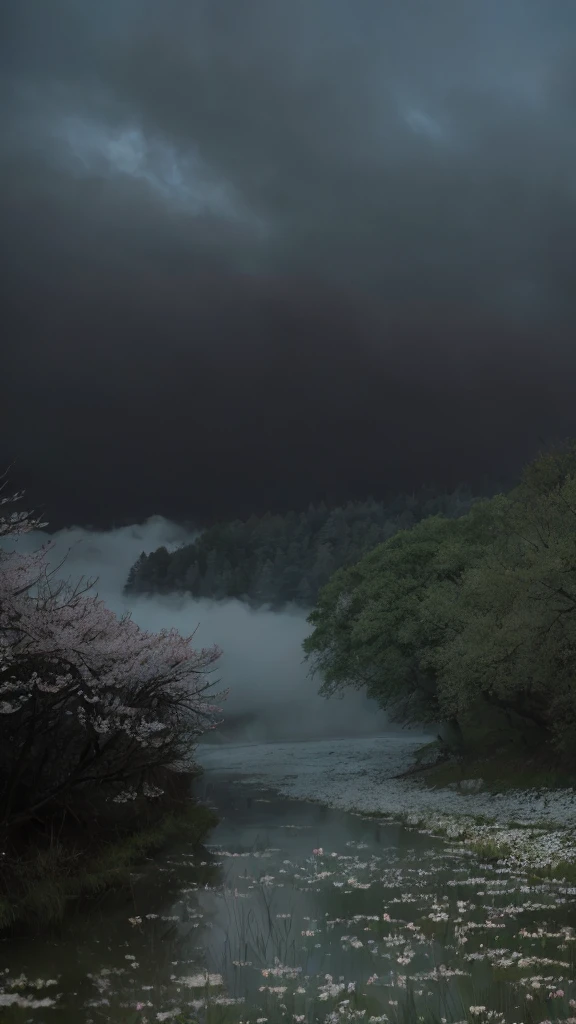 masterpiece of materpieces, PHOTOREALITIC, DENSE MIST. Smokey skies cast eerie light in the Anthropocene on a lake surrounded by cherry blossom trees, snow falling, pink dandelions covered in snow in enchanted forest, heavy mist and fog over the lake, fairy tale vibes, petals floating, dreamy looking, Sun burning like fire. Stars on the sky. Field filled with white flowers. PHOTOREALISTIC and cinematic. Nikon Z9