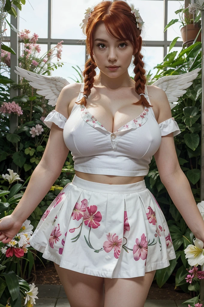 1 girl with red hair in a pigtail, facing the front of the screen, hair with many flowers, white skin, big breasts, big butt, purple short skirt and floral shirt, with angel wings, background Lily garden, standing and posing