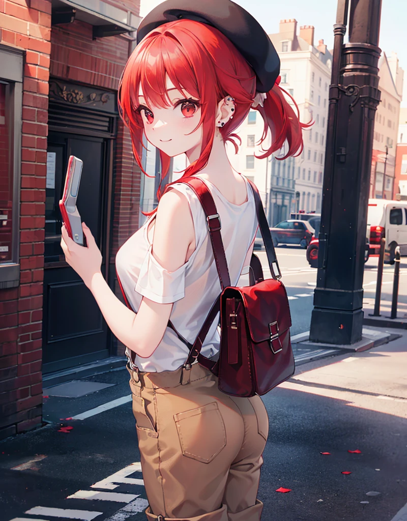 (Close-up:1.3),Realistic,Highest quality, Ultra Detail, High-quality CG rendering, The most delicate and beautiful, Floating softly, High resolution, (1 girl), (Highest quality,4K,8K,masterpiece:1.2),(All red hair:1.5), (ponytail:1.5),(Red eyes:1.5),(Slightly larger breasts:1.2), (Beige overalls:1.3),(Pure white inner T-shirt:1.3),(Black boots:1.3)、(Brown Beret:1.3)、Piercing in left ear,In the city,old buildings,(whole body:1.3),(smile),(Turn your back to your audience:1.3),Butt,Are standing,(Small shoulder bag:1.3)