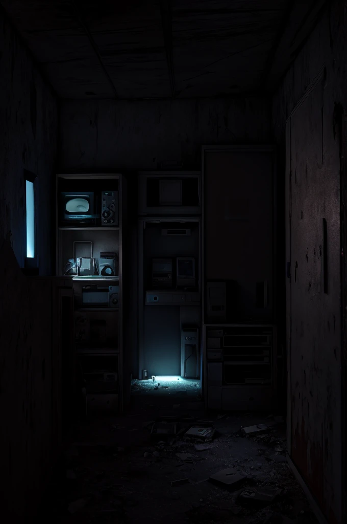 please draw an abandoned, nighttime setting. a small security room with 4 monitors/TV's, a door opening (without door) on the left and another on the right. Some old stuffed animals lying around and no person in the scene. too dark. camera look to monitors