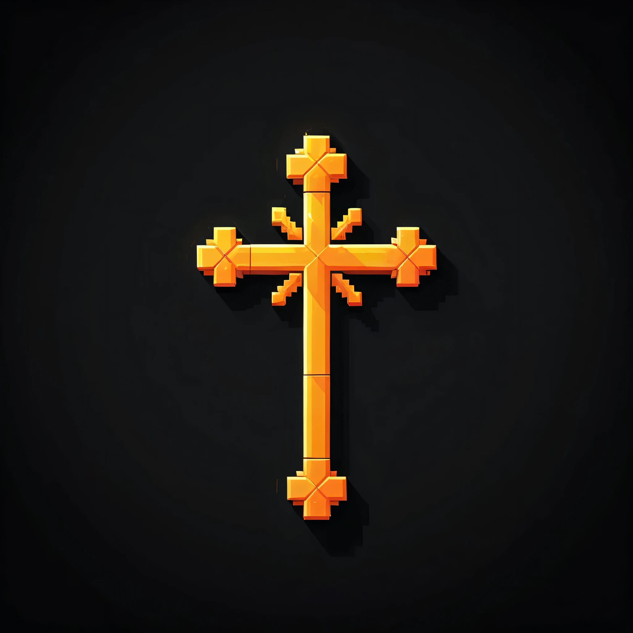pixel art, cartoon illustration, cross, yellow and orange colors, simple black background, game icon