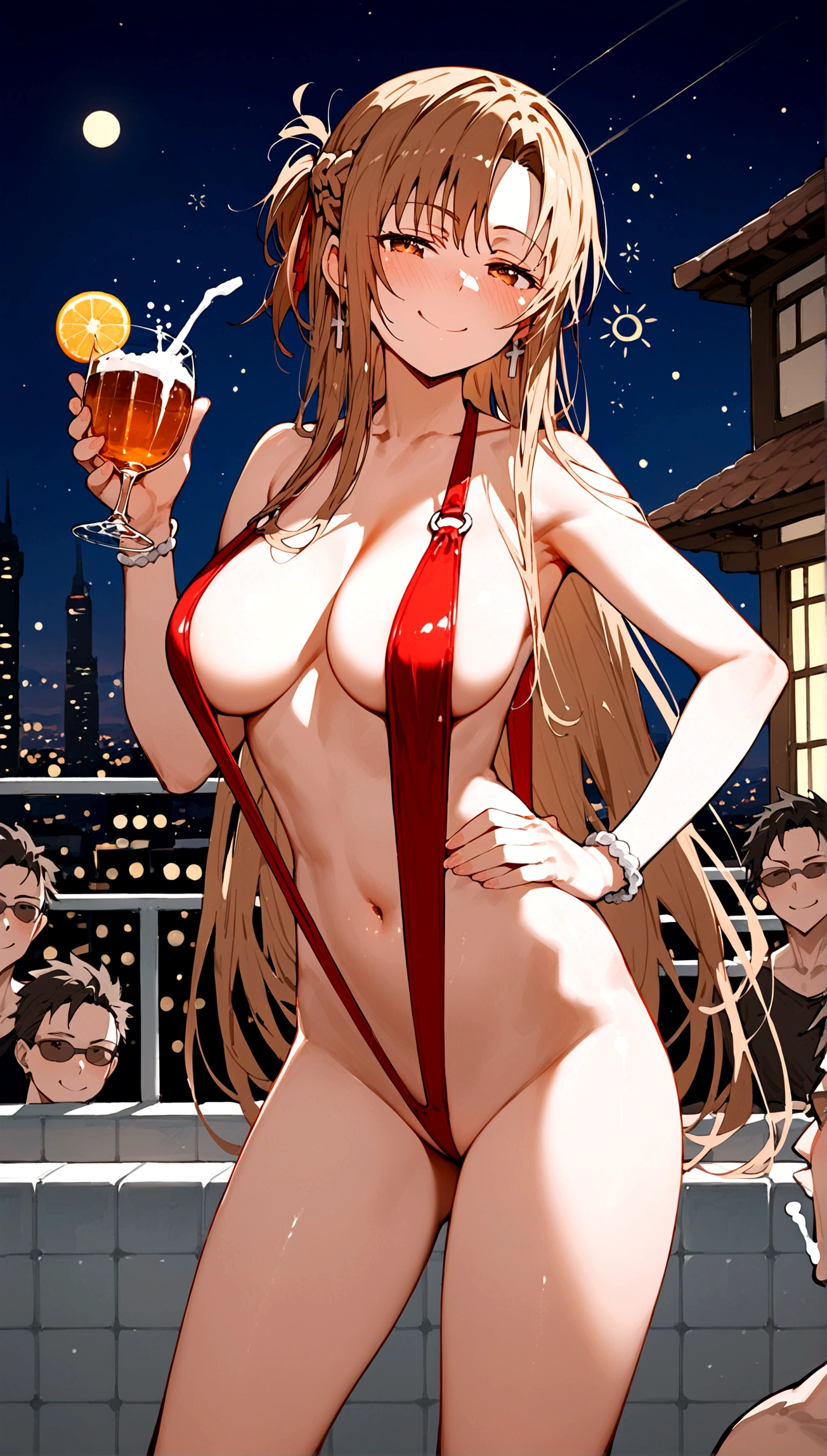 score_9,score_8_up,score_7_up,18 year old,female focus,1girl,asuna \(sao-alo\), sword art online,yuuki asuna,nsfw,brown eyes, brown hair, long hair, bangs, braid,standing,legs lift,hand on hip, holding cup,drunk-smirk,blush,large breasts,brown hair,parted hair,long hair,red Slingshot swimsuit,plunging neckline,center opening,cleavage,navel,earrings,bracelet,roof pool-party,cityscape,night,multiple-people,surrounding by 5 boys(strong men),