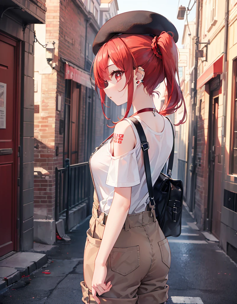 (Close-up:1.3),Realistic,Highest quality, Ultra Detail, High-quality CG rendering, The most delicate and beautiful, Floating softly, High resolution, (1 girl), (Highest quality,4K,8K,masterpiece:1.2),(All red hair:1.5), (ponytail:1.5),(Red eyes:1.5),(Slightly larger breasts:1.2), (Beige overalls:1.3),(Pure white inner T-shirt:1.3),(Black boots:1.3)、(Brown Beret:1.3)、Piercing in left ear,In the city,old buildings,(whole body:1.3),(Turn your back to your audience:1.3),Butt,Are standing,(Small shoulder bag:1.3)