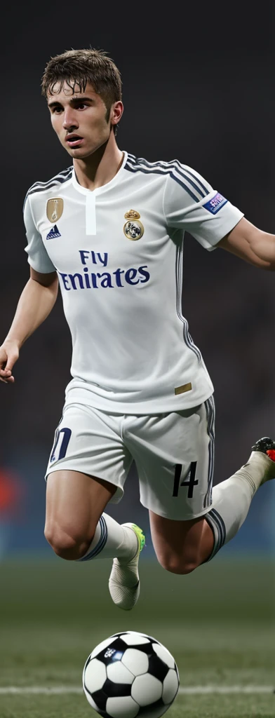 A male soccer player from Real Madrid.
The man is running across a bridge.