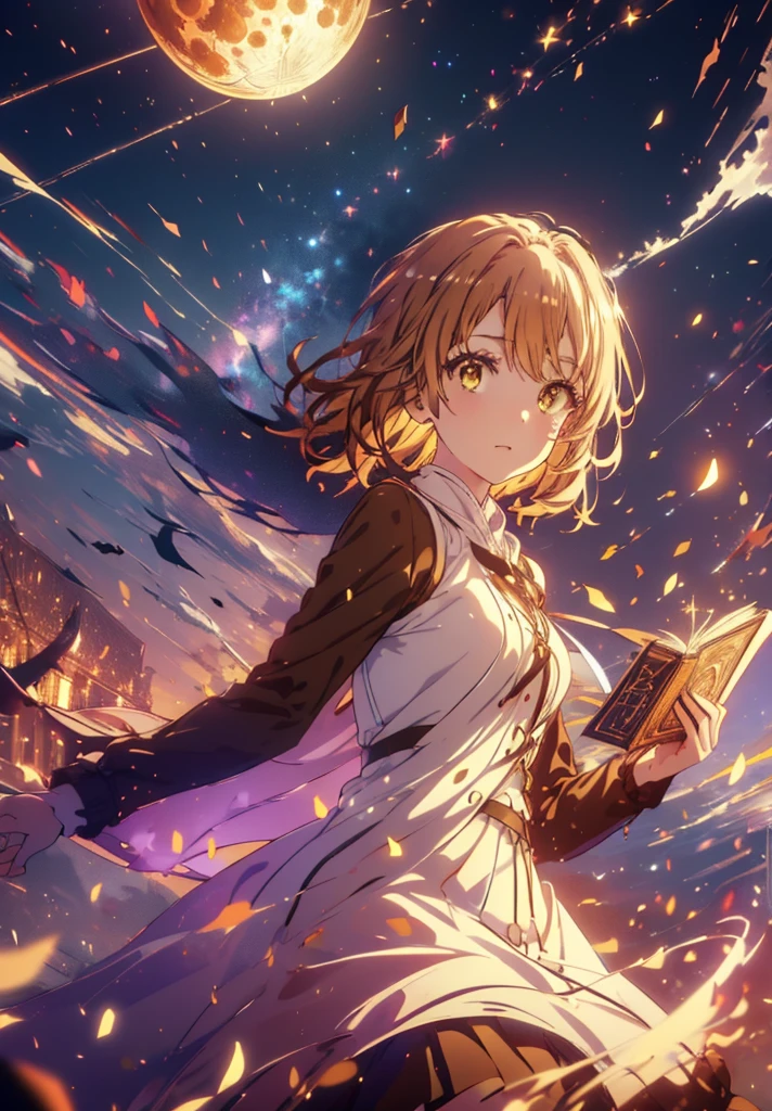 Irohaisshiki, isshiki iroha, Short Hair, Brown Hair, (Brown eyes:1.5), smile,((Night Sky)),((Big full moon)),((Sparkling and colorful stars)),Fluffy hair,((Idol style costume with soft volume)),Long skirt,Holding a magic book in his right hand,Uses magic with left hand,((witch)),Rubik's Square,
break outdoors, forest,forest
break looking at viewer,Upper Body,
break (masterpiece:1.2), Highest quality, High resolution, unity 8k wallpaper, (shape:0.8), (Narrow and beautiful eyes:1.6), Highly detailed face, Perfect lighting, Highly detailed CG, (Perfect hands, Perfect Anatomy),