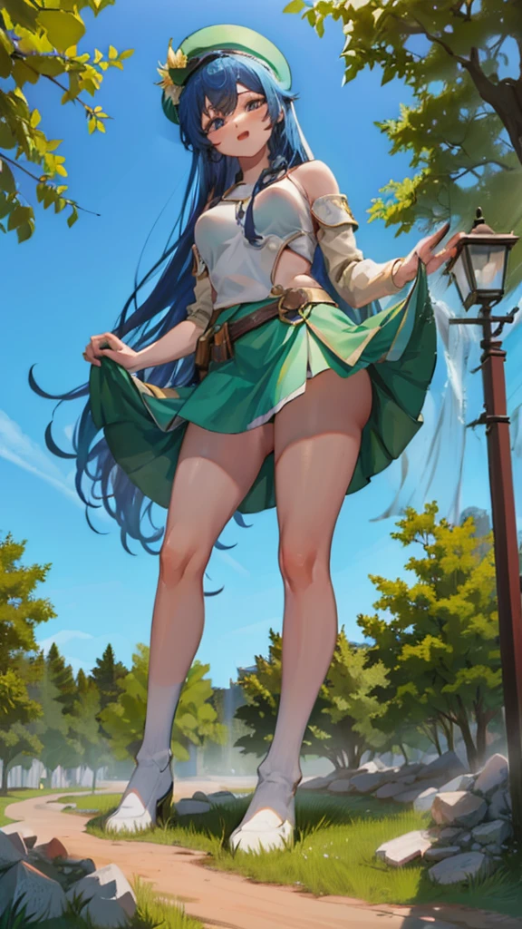 In a forest of large trees there is an even larger Amazonian giantess, with brown skin, black hair, thin, with clothes of the forest, and with very long legs, she is looking for small human invaders of the forest to destroy them so that they do not disturb the peace of the forest. Giantess, goddess, hot, black skin, tall legs, sexy, tiny people, tiny humans, crush, forest, trees, standing, group of small people, slim body