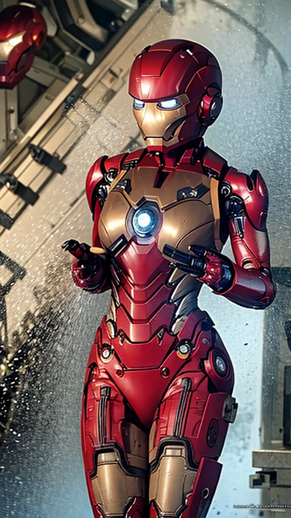 Middle-aged women　Sweaty face　Soaked Face　Painful expression　Steam coming from the head　humidity　Only the head is exposed　((Take off the Iron Man suit))　　Steam from the body　lifted up　The lower half of the body is an Iron Man suit