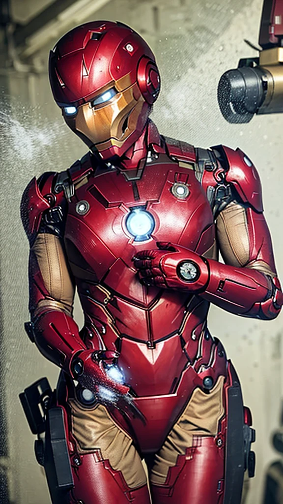 Middle-aged women Sweaty face Soaked Face Painful expression Steam coming from the head humidity Only the head is exposed ((Take off the Iron Man suit)) Steam from the body lifted up The lower half of the body is an Iron Man suit