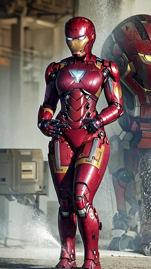 Middle-aged women Sweaty face Soaked Face Painful expression Steam coming from the head humidity Only the head is exposed ((Take off the Iron Man suit)) Steam from the body lifted up The lower half of the body is an Iron Man suit