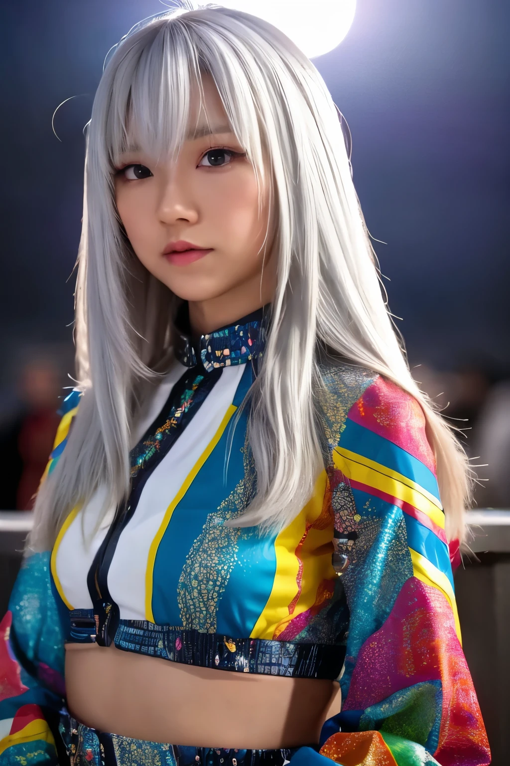 Masterpiece, high quality, high resolution, 8K, (solo:1.2), ((1girl)), Japanese woman, detailed face, detailed eyes, correct body structure, upper body, ((White hair:1.2)), very long hair, messy hair, slender body, seductive silhouette, luminous bones, depth of field, dark photo at nighttime, dimly lit, bangs, Cinematic Lighting, Tyndall effect, abstract background, futuristic outfits, vibrant colors, modern style, wide sleeves, artistic, unique patterns, colorful, stylish, trendy