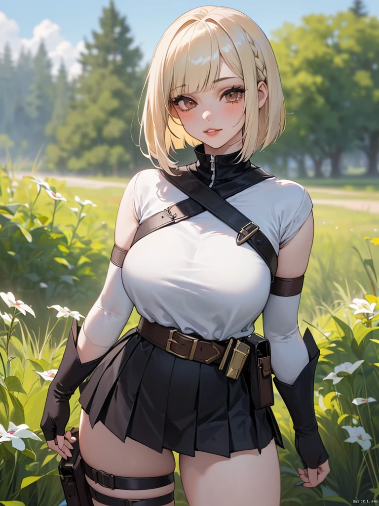 SFW (masterpiece, best quality, 32k) a youthful teenage girl with short blonde hair ((pale blonde hair, platinum blonde hair, bangs, diagonal bangs, straight bangs, bob, inverted bob, straight bob, perfect bob, stylish bob, asymmetrical hair, asymmetrical bangs:1.2, side braid)), ((brown eyes, dark brown eyes, chocolate eyes, detailed eyes)), ((eyeliner, eyeshadow, lipstick, light makeup)), ((youthful face, beautiful face, cute face, sexy face)), ((pale skin, smooth skin, perfect skin, porcelain skin)), outside, outdoors, forest, clearing, tress, grass, sky, clouds, simple background, standing, confident pose, at-ease. ((Stylish outfit, fantasy outfit, virgin-killer outfit, adventurer, fantasy adventurer, alchemist, black clothes, white clothes, grey clothes, purple clothes)), ((poncho, big poncho, large poncho, high-waisted skirt, black skirt, pleated skirt, asymmetric skirt)), ((fingerless gloves, elbow gloves, belt pouches:1.1, utility belt, thigh strap:1.2)), ((huge breasts:2.5, large breasts, big breasts, enormous breasts, gigantic breasts, round breasts:1.3, heavy breasts:1.5, framed breasts)), ((slim:1.4, lithe:1.4, slender:1.4, thin:1.4, busty:1.2, buxom:1.2)), ((round hips, thin waist, waspish waist)), ((long legs, slender legs)), small smile ((full lips)), calm expression, content expression, serene expression, happy expression, open eyes, large eyes, expressive eyes, head-to-waist portrait, cinematics, color oil painting, cinematic lighting, ((extremely detailed face)), ((finely detailed face)), Extremely detailed eyes, finely detailed eyes, beautiful face, beautiful eyes, perfect lighting, depth of field, (realistic proportions), (good anatomy), ((solo:1.6)), ((1girl:1.6))